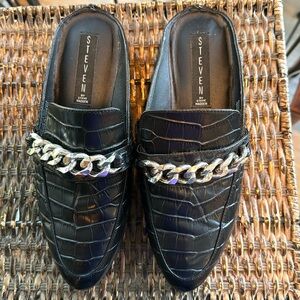 STEVE MADDEN WOMENS BLACK LEATHER‎ SLIP ON MULE CLOG CHAIN, CROC PRINT SIZE 7